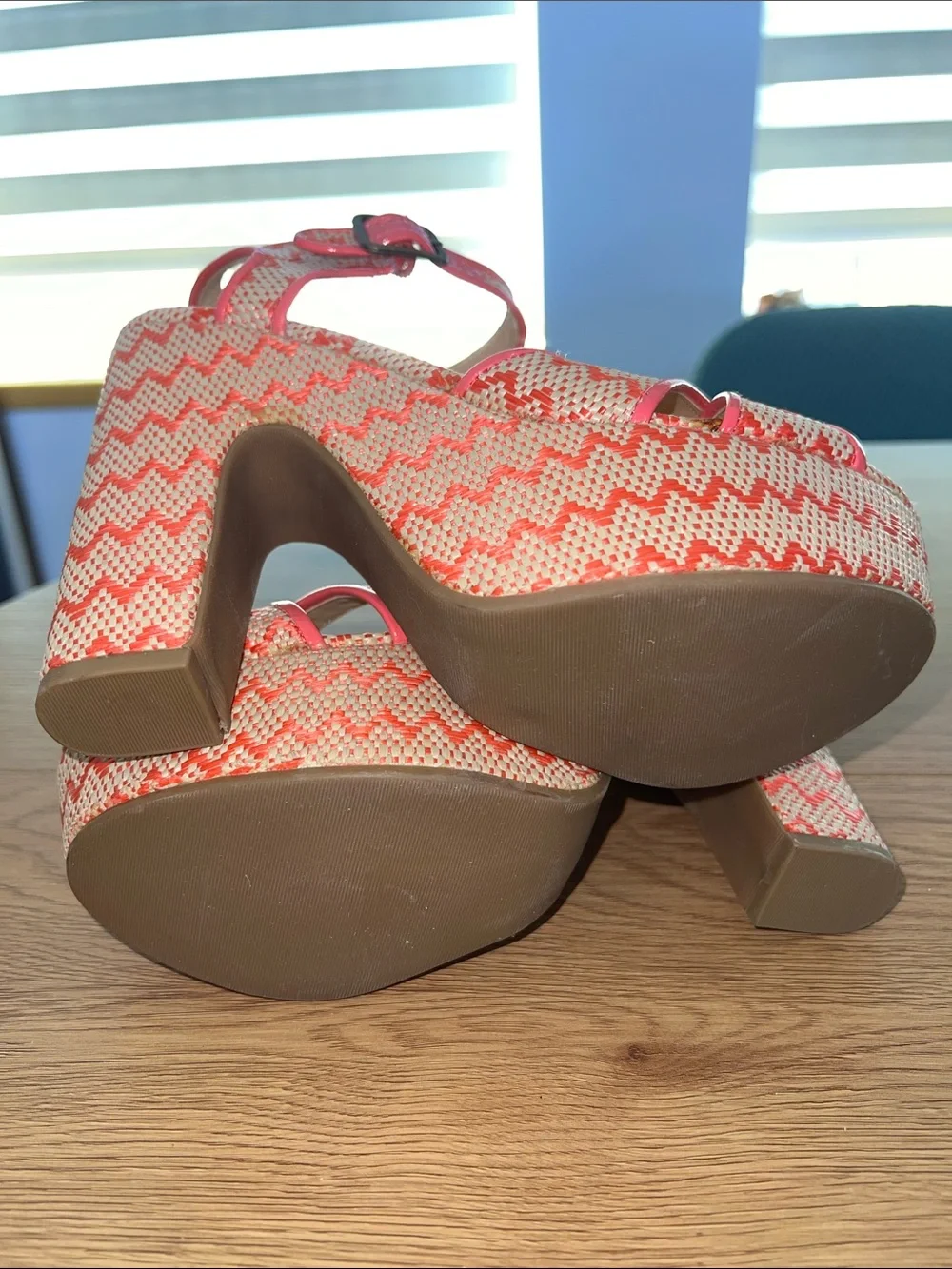 NWOB Madden Girl Coral & Cream Woven Platform Wedges with Ankle Strap